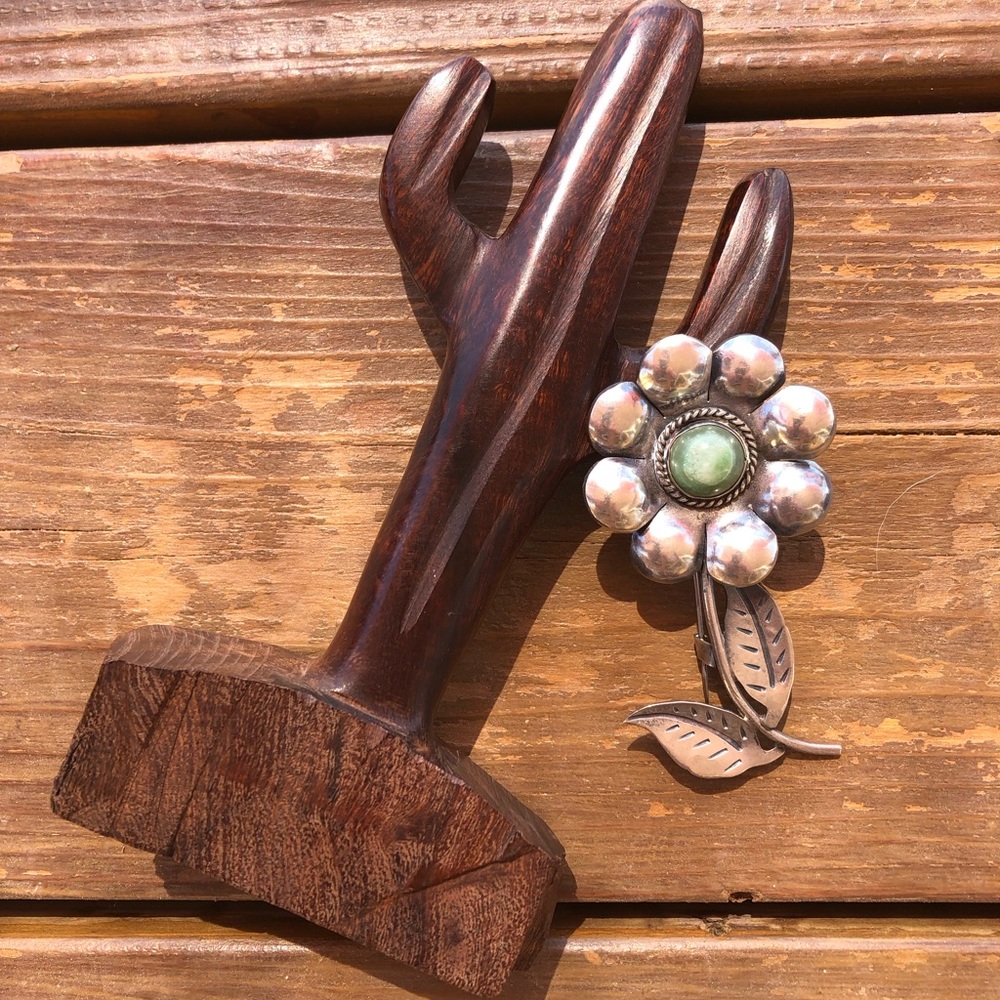 Vintage Mexico Silver - Green Calcite Flower Brooch 925 Silver